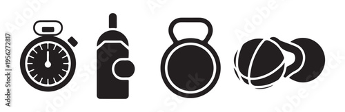 Sport training tools set with stopwatch water bottle kettlebell and hand holding ball icon
