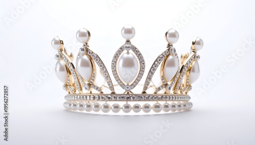 A close-up view presents a glittering gold crown adorned with pearls and diamonds, casting a soft shadow on a white background