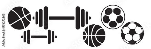 Collage of gym and sports graphics with heavy barbells basketball and soccer ball elements