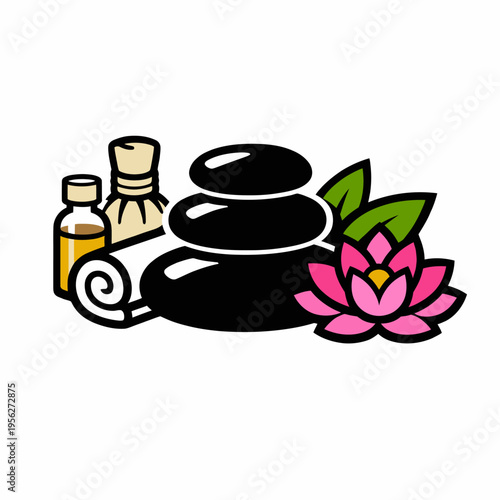 A serene spa setup with stacked stones, a pink lotus flower, and bottles of oil and powder on a clean white background for relaxation and wellness