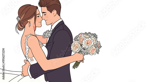 Couple sharing a kiss at their wedding while holding a bouquet of flowers in a simple background