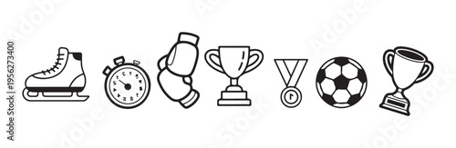 Trophy cup stopwatch and soccer ball sports symbols line icons set for competition concepts
