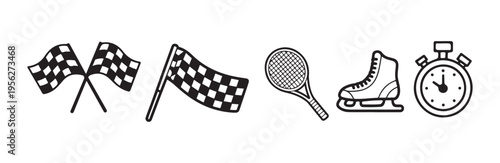 Checkered finish flag tennis racket and winter ice skate line icons set for sports branding