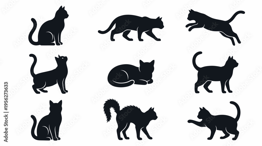 Fototapeta premium Collection of Silhouette Cat Poses Vector Illustration