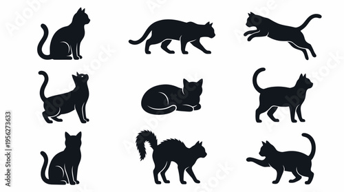 Collection of Silhouette Cat Poses Vector Illustration
