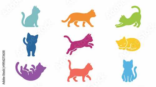 Colorful Vector Silhouettes Collection of Nine Cats in Diverse Playful Poses, Perfect for Pet-Themed Designs and Graphic Projects