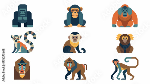 Diverse Primate Collection Flat Design Vector Illustrations of Apes and Monkeys for Wildlife and Nature-Themed Projects