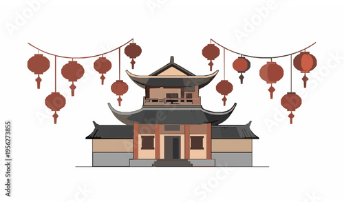 Asian Chinese House with Lantern Decoration Traditional Architecture Vector Illustration