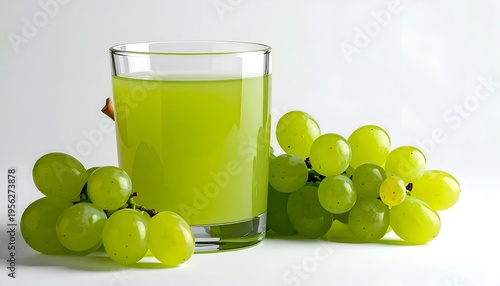 A glass of fresh, green-tinted beverage rests near a bunch of translucent, pale-green fruit on a light background