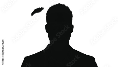 Rear view silhouette of a businessman wearing a suit jacket with a small, floating element above his head.