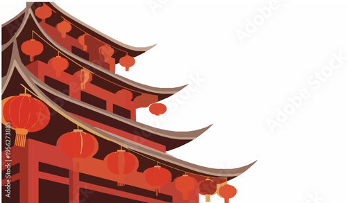 Chinese Traditional Architecture House with Lanterns Angled View Vector Art