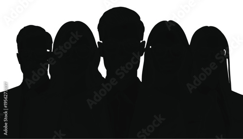 Five diverse individuals stand together in a tight frontal composition as a solid black silhouette.
