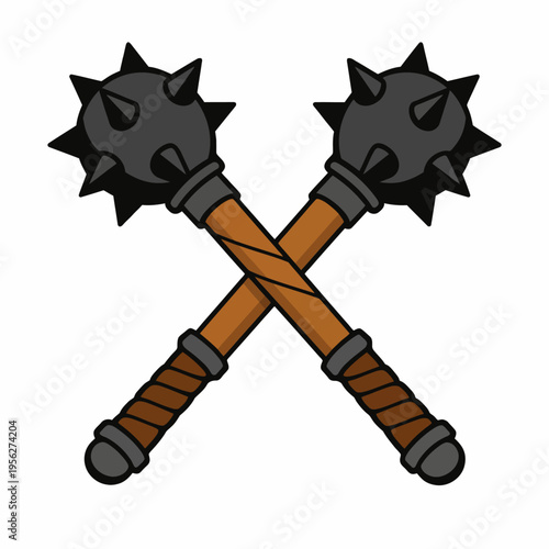 Cartoon illustration of two crossed spiked clubs on white background