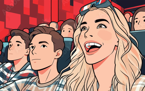 Group of friends enjoys a movie together in a theater, sharing excitement and fun during an evening screening of a new film