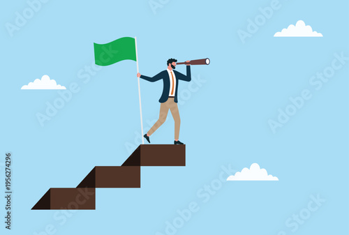Vector illustration of a businessman standing on steps with a flag and telescope representing vision, leadership, goal setting, and future planning
