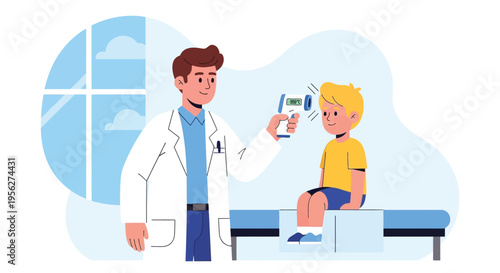 Pediatrician measures young boy's temperature in clinic