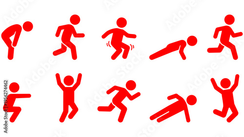 Stick figure exercise and yoga pose icon set , yoga, and fitness poses on a black background. Ideal for fitness apps, sports websites, health infographics, banners, and presentation materials.