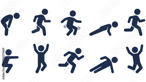 Stick figure exercise and yoga pose icon set , yoga, and fitness poses on a black background. Ideal for fitness apps, sports websites, health infographics, banners, and presentation materials.