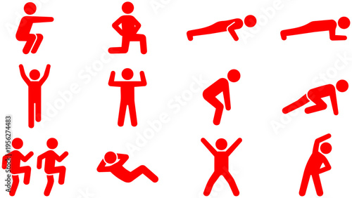 Stick figure exercise and yoga pose icon set , yoga, and fitness poses on a black background. Ideal for fitness apps, sports websites, health infographics, banners, and presentation materials.