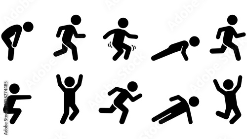 Stick figure exercise and yoga pose icon set , yoga, and fitness poses on a black background. Ideal for fitness apps, sports websites, health infographics, banners, and presentation materials.