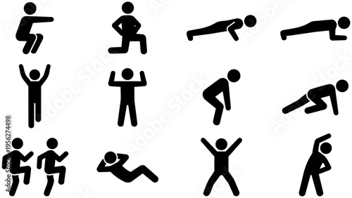 Stick figure exercise and yoga pose icon set , yoga, and fitness poses on a black background. Ideal for fitness apps, sports websites, health infographics, banners, and presentation materials.