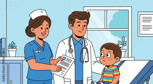 Young boy's health checkup with medical professionals