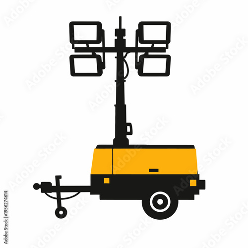 Mobile lighting tower with four lamps on a trailer for construction site illumination