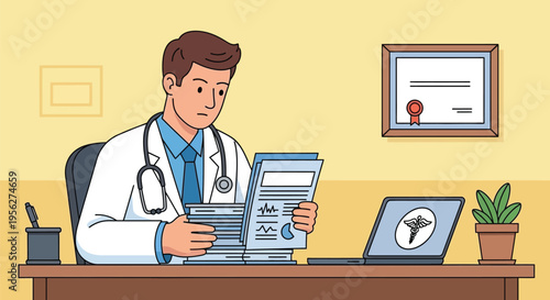Doctor reviewing medical documents at his desk