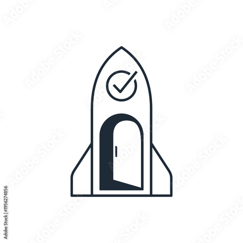 An open rocket door. Launching a new business project. Vector linear icon isolated on white background.