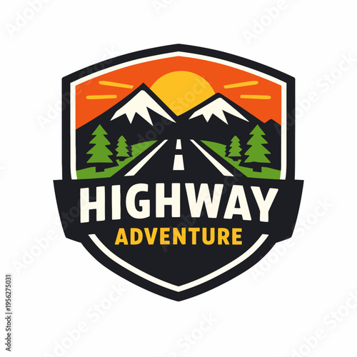 Vibrant Highway Adventure Logo with Mountains and Sunset Background