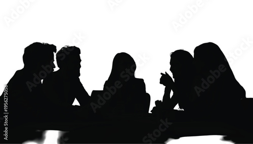 Group silhouette of five diverse colleagues engaged in a serious discussion around a conference table.