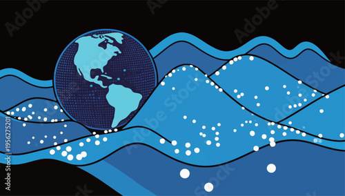 World covered by waves and dots representing water and ocean life in a graphic design