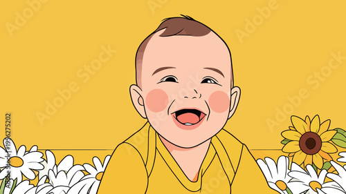 Baby smiles in bright yellow setting surrounded by flowers with a cheerful expression on a sunny day