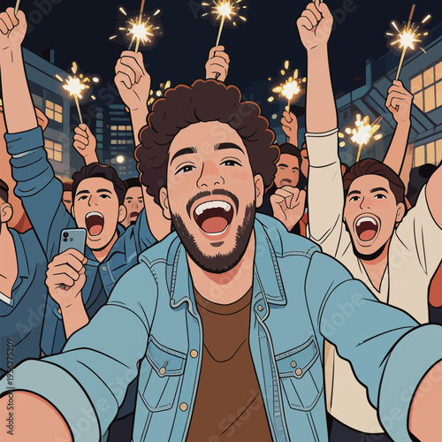 Crowd celebrates with sparklers at night during a festive event in a city setting