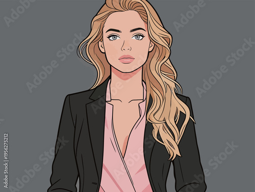 Young woman in a business suit with long hair looks directly at the viewer in a simple gray background