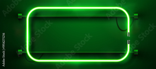 Vibrant green neon frame glowing on a dark wall. This electric rectangular border offers a sleek, modern design for various digital concepts.