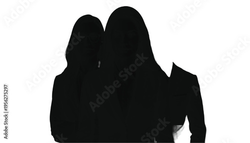 Two professional women standing closely together as dark silhouettes representing partnership.
