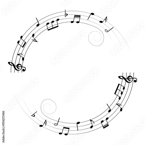 Music notes background, round musical frame with swirls, vector illustration.
