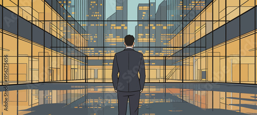 Businessman stands in modern glass building while looking at city skyline during early evening