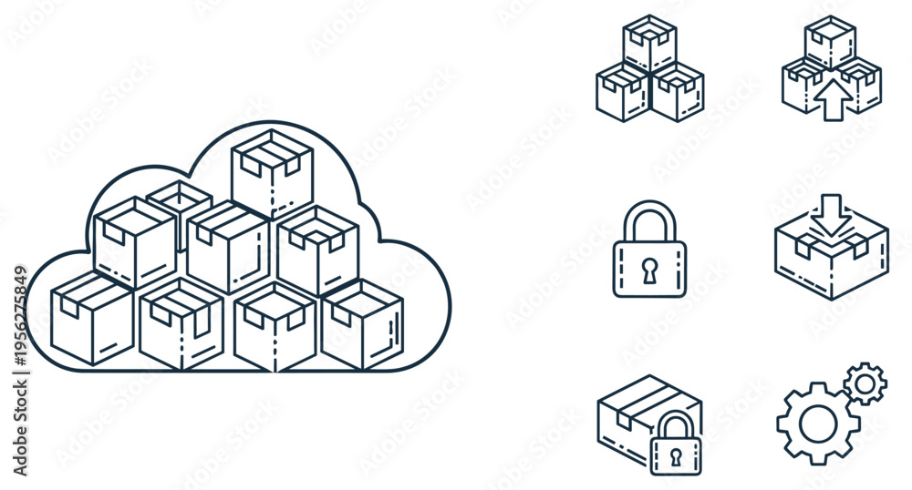 Fototapeta premium Cloud computing storage icon set with secure data upload, download, encryption and system configuration graphics