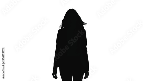 Silhouette of a woman with flowing hair walking forward against a white background for graphic design.