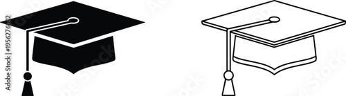 Graduation Cap Vector Icon Set Featuring Solid Black Silhouette and Thin Line Art Outline, Perfect for Education, University, and Achievement.