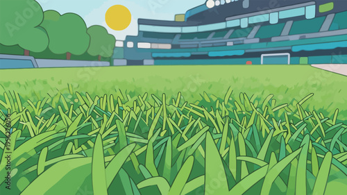 Grass field on a sunny day with a stadium in the background during a sports event