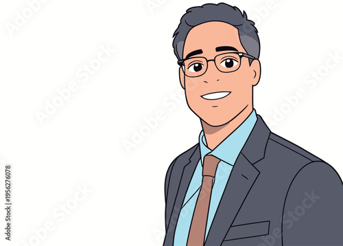 Businessman stands confidently with a smile wearing a suit and glasses, ready for a meeting in an office setting