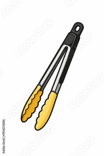 A cartoon-style illustration of a pair of kitchen tongs with yellow grips on a white background.