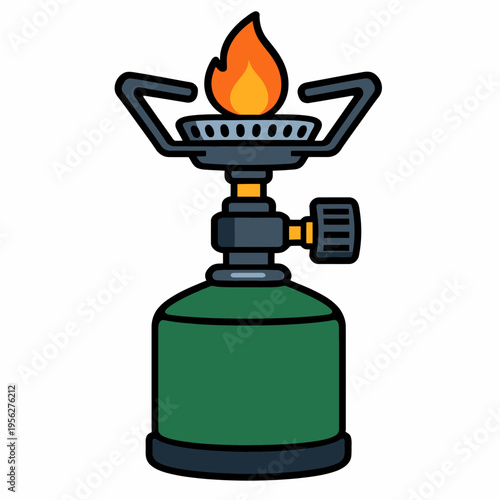 Cartoon illustration of a green portable camping gas stove with a lit flame on top, ideal for outdoor adventures and cooking