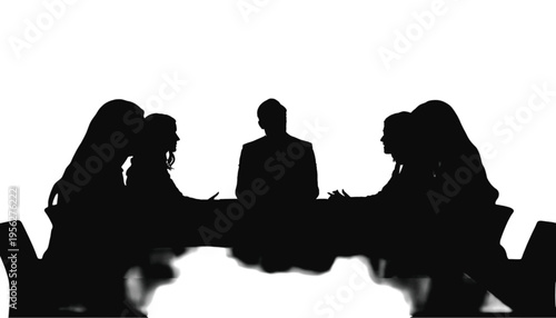 Silhouetted executives participate in a serious boardroom discussion around a long conference table.