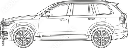 Side View Line Art Illustration of a Modern Luxury SUV Car for Coloring Book, Technical Drawing, and Automotive Design Graphics.