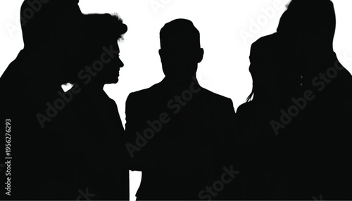 Silhouette of a small leadership team conversing intensely in a tight circle against a white backdrop.