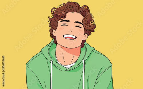 Smiling young man in a green hoodie standing against a bright yellow background during daytime